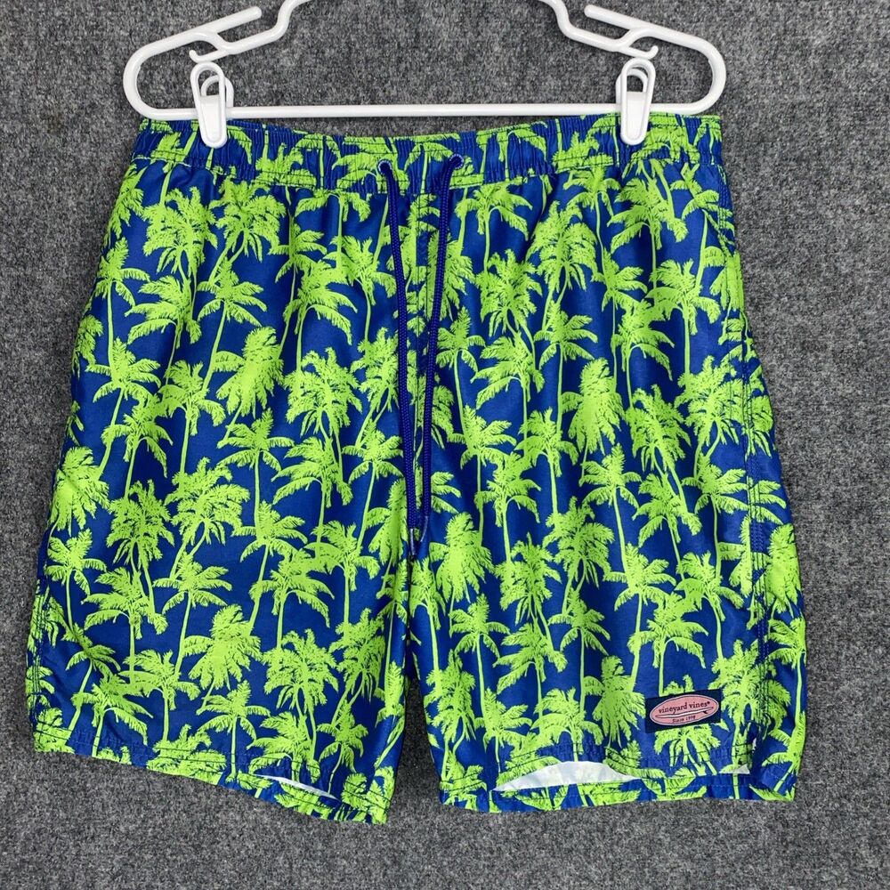 Vineyard Vines Shorts Mens Size M Blue Green Palm Tree Tropical Hawaiian Beach